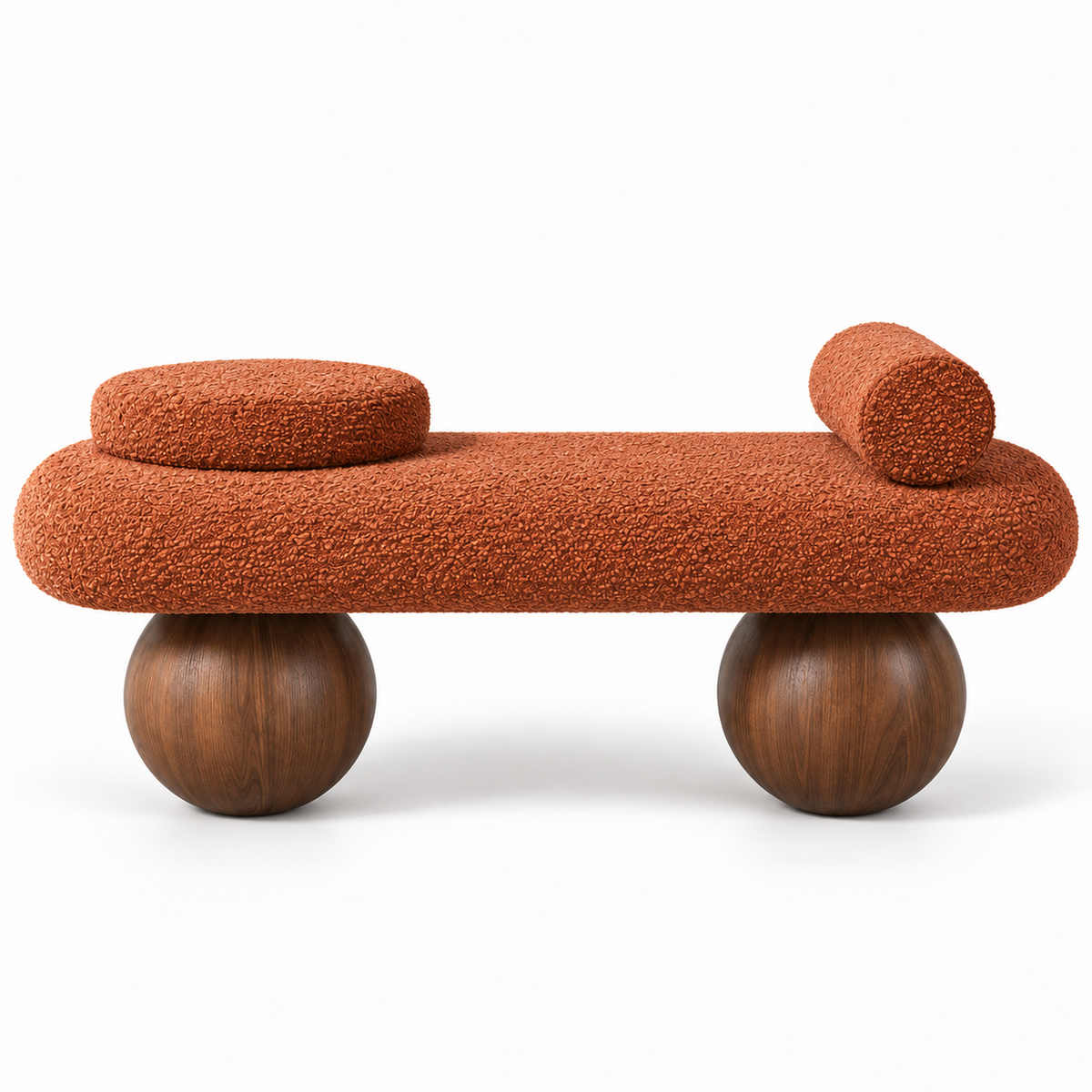Kura bench front view, terracotta boucle seat on two walnut spherical legs
