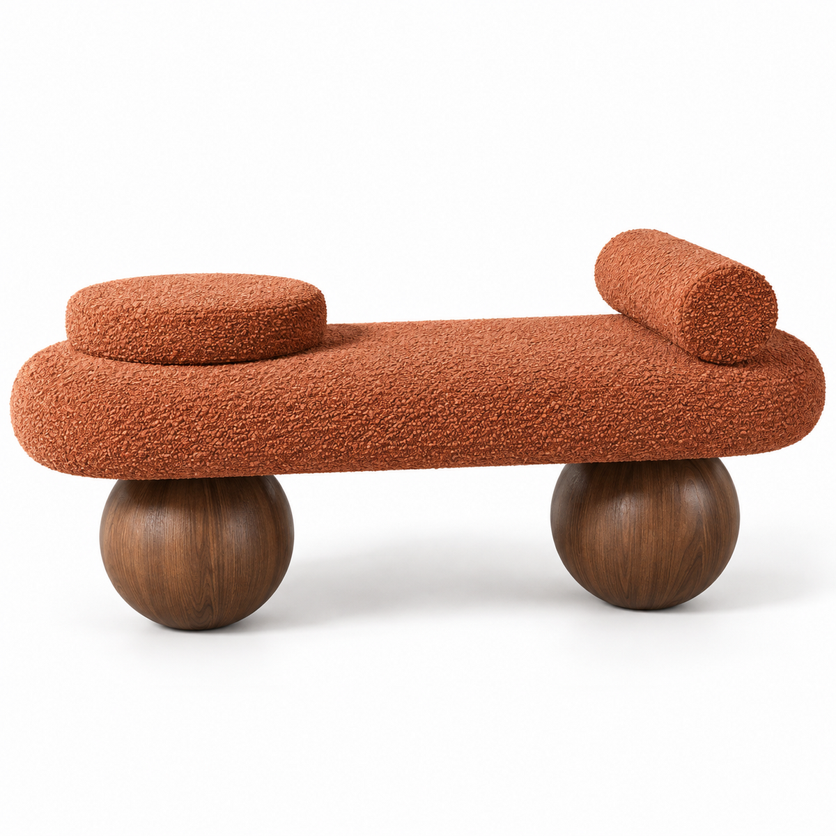 Kura bench in terracotta clay boucle with walnut ball feet, three-quarter view
