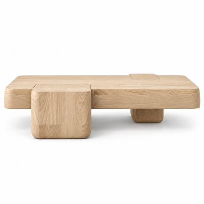 Kavo coffee table top showing the plank seams and notch detail in pale ash
