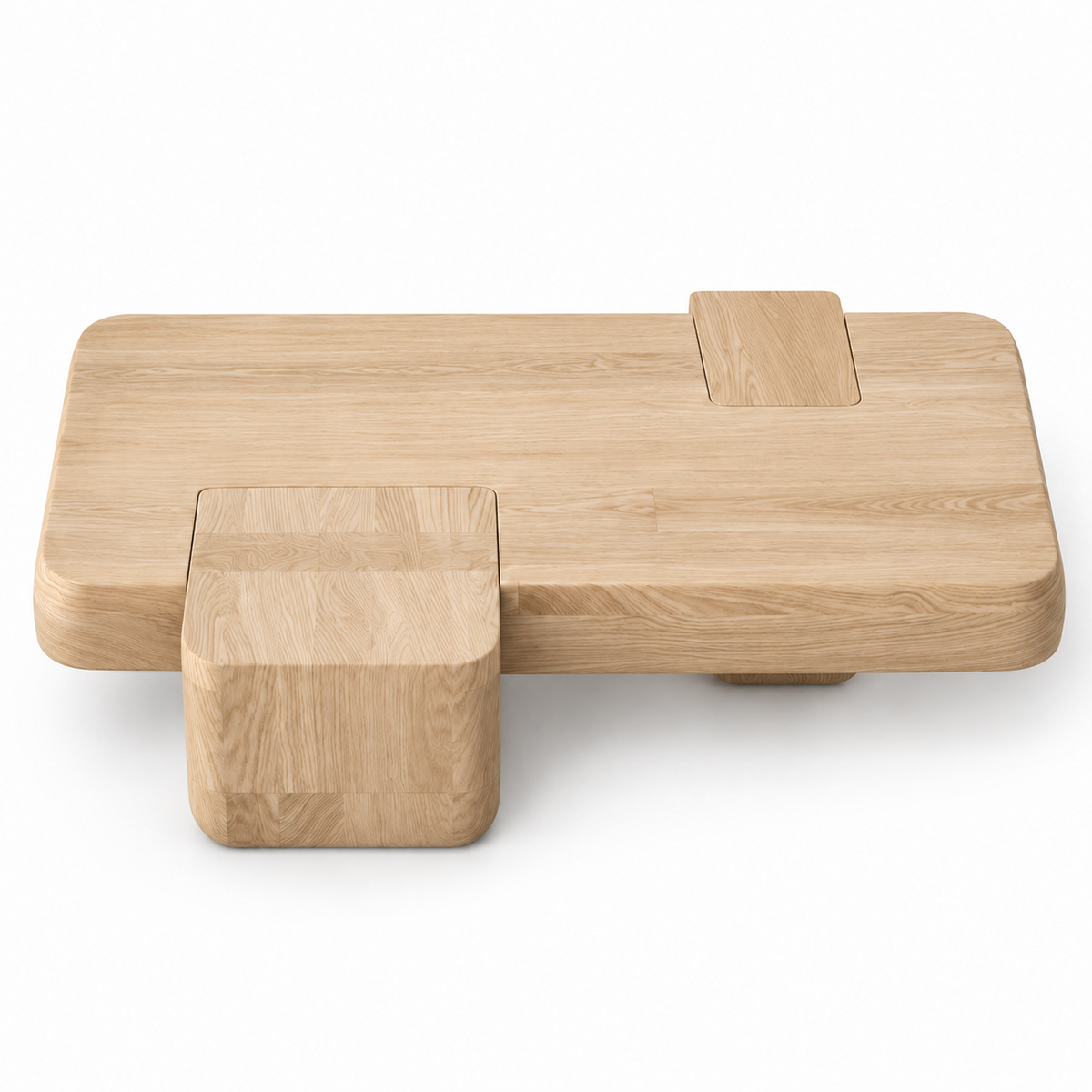 Kavo coffee table front view showing the stepped two-level composition and both block supports
