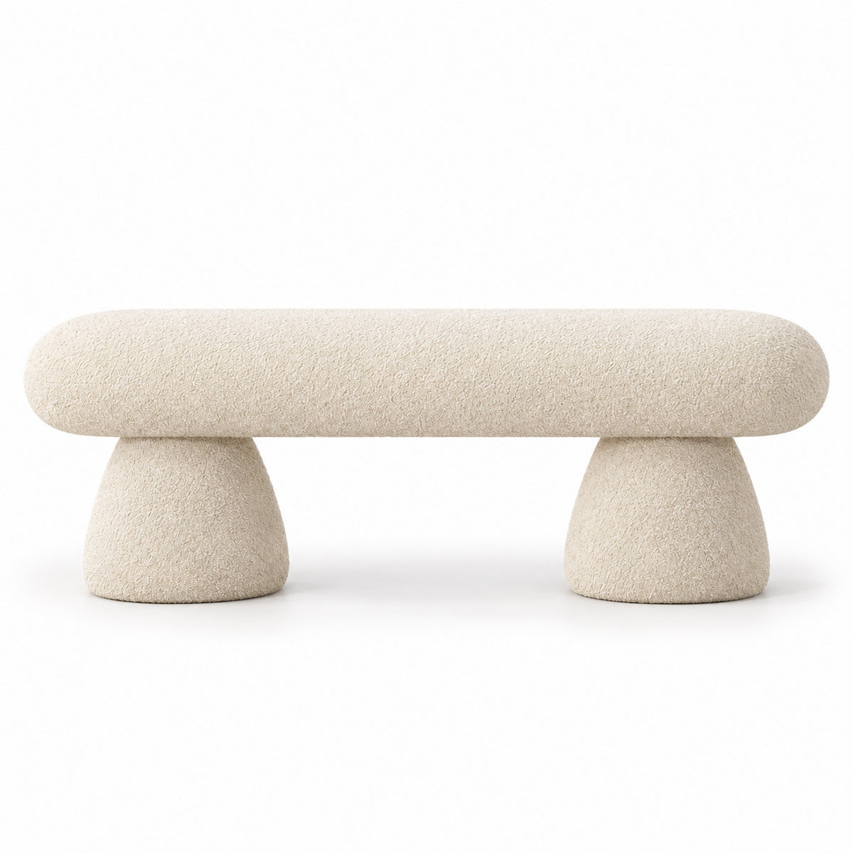 Suda boucle bench front view showing pill-shaped seat in off-white boucle