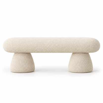 Suda boucle bench front view showing pill-shaped seat in off-white boucle