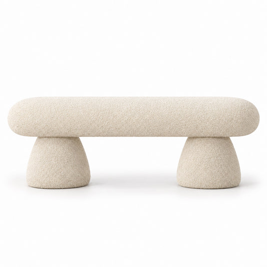 Suda boucle bench front view showing pill-shaped seat in off-white boucle