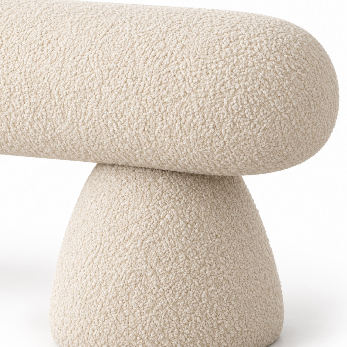 Close-up of Suda bench off-white boucle texture where the seat meets the foot