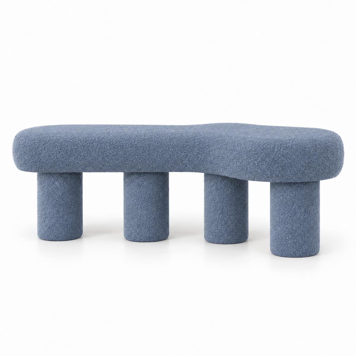 Oru bench front view showing the organic boucle top and four cylindrical legs in slate blue
