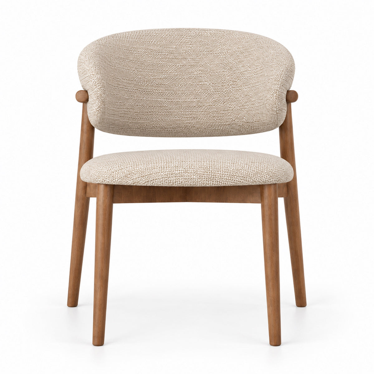 Vela dining chair front view showing curved backrest and rounded seat in beige linen