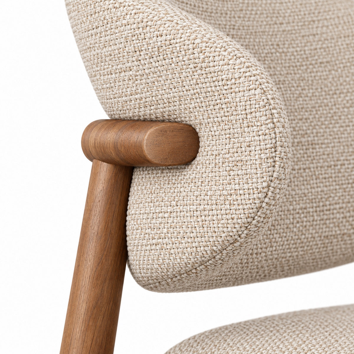 Close-up of Vela dining chair beige linen weave and wooden joint detail