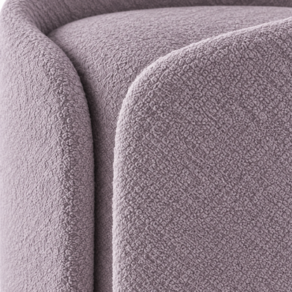 Close-up of dusty lilac boucle texture at the overlapping wrap seam of the Tala bench