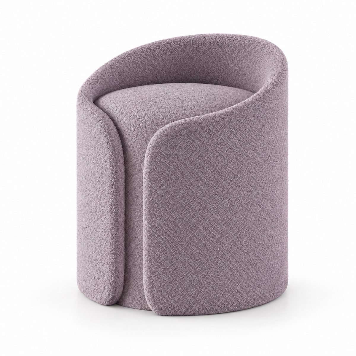 Tala bench in dusty lilac boucle with a wrap-around back, three-quarter view

